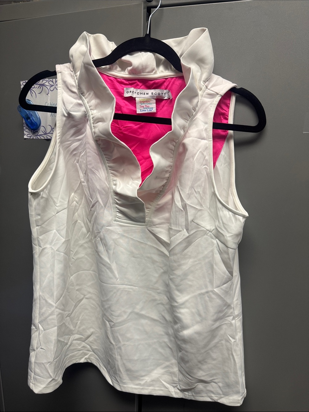 Gretchen Scott Designs White Sleeveless Ruffle V-Neck Top with Pink Lining